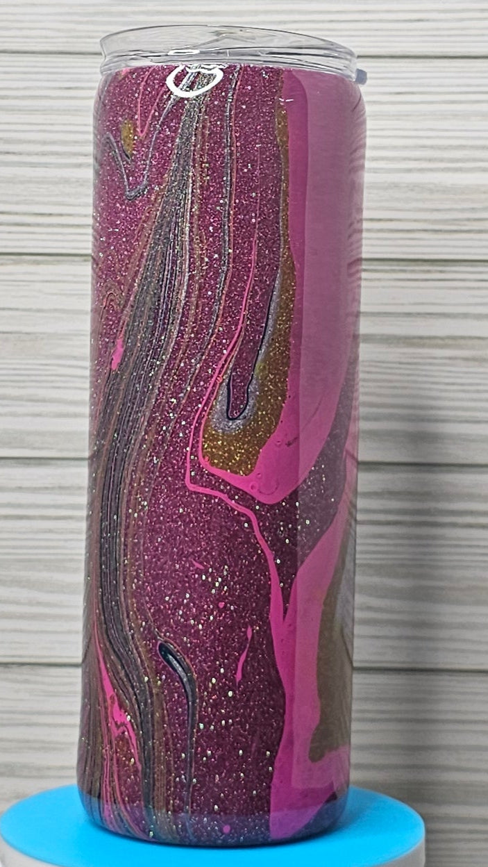 20oz Skinny Pink Ink and Paint Swirl Glitter Epoxy Tumbler