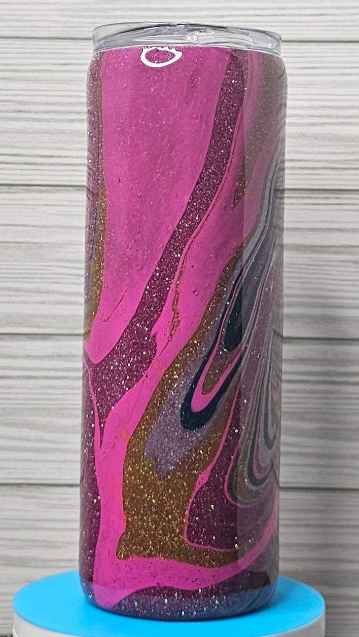 20oz Skinny Pink Ink and Paint Swirl Glitter Epoxy Tumbler