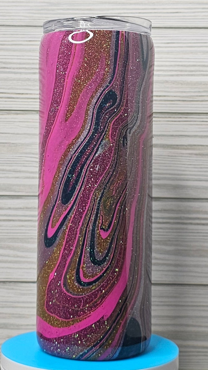 20oz Skinny Pink Ink and Paint Swirl Glitter Epoxy Tumbler