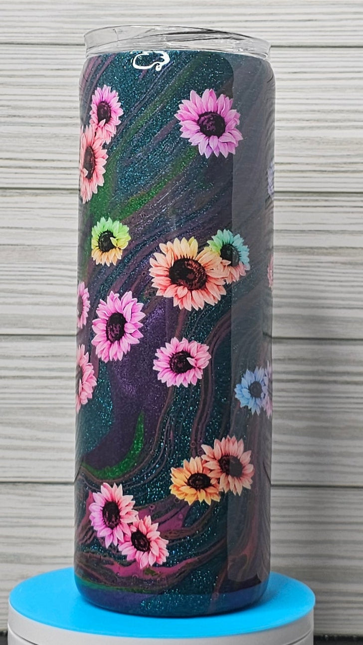 20oz Skinny Teal Glitter Paint Swirl with Flowers Epoxy Tumbler