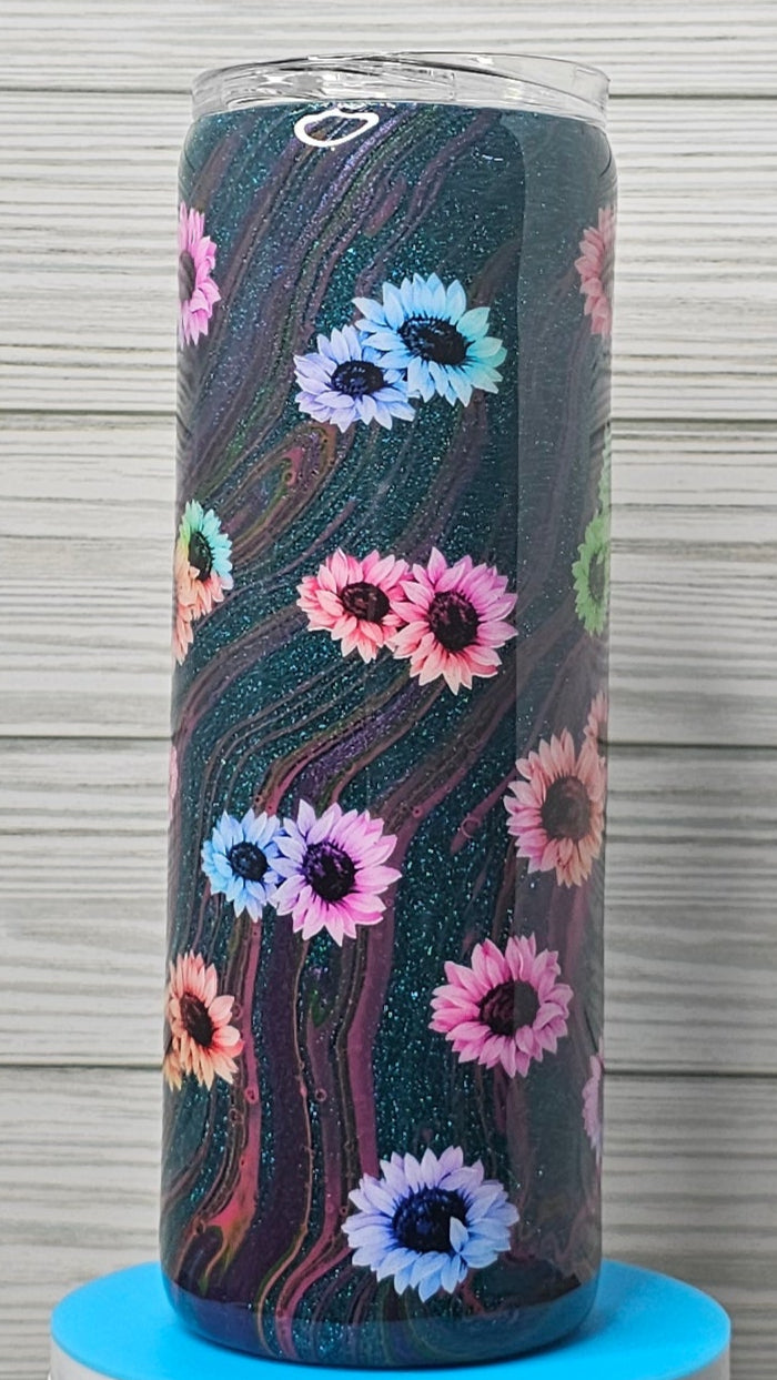 20oz Skinny Teal Glitter Paint Swirl with Flowers Epoxy Tumbler