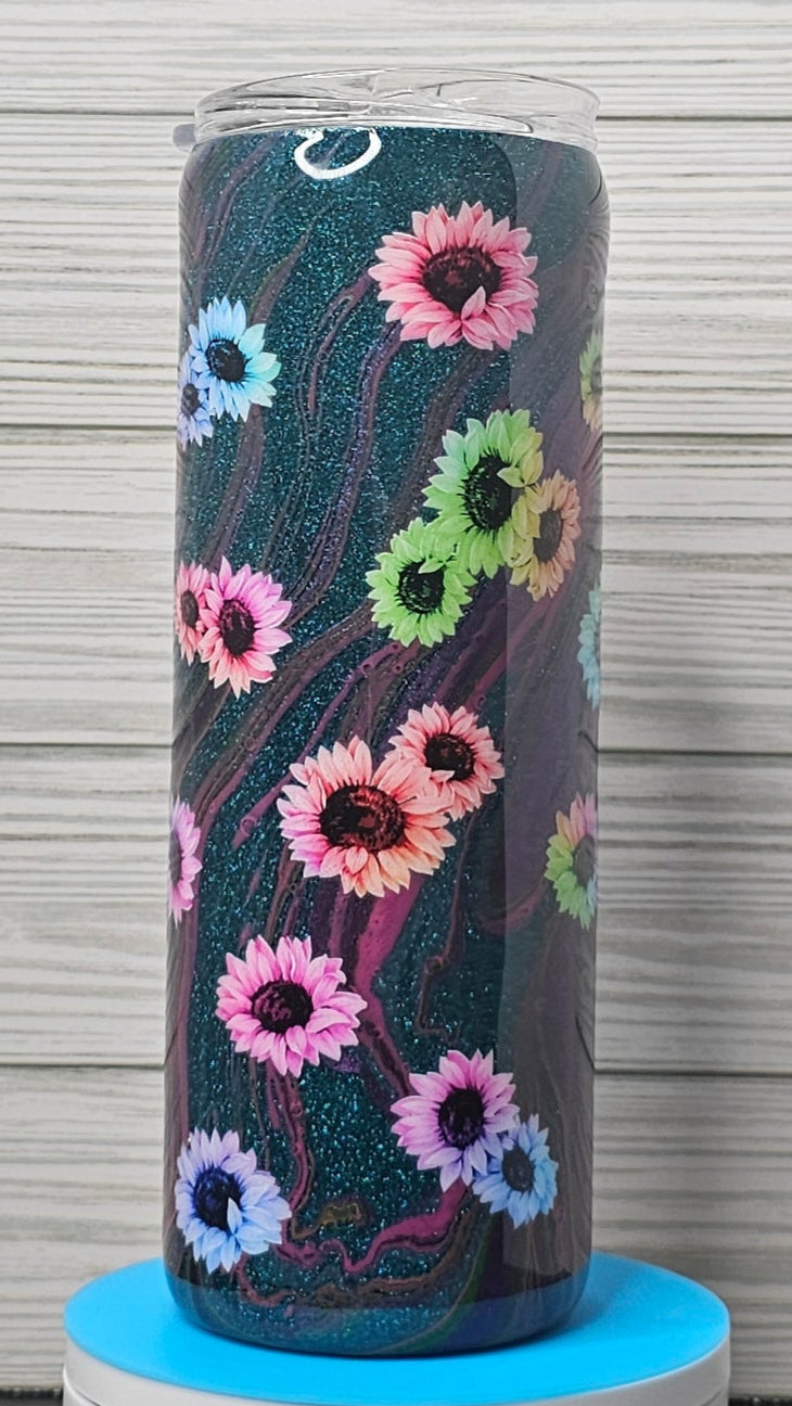 20oz Skinny Teal Glitter Paint Swirl with Flowers Epoxy Tumbler