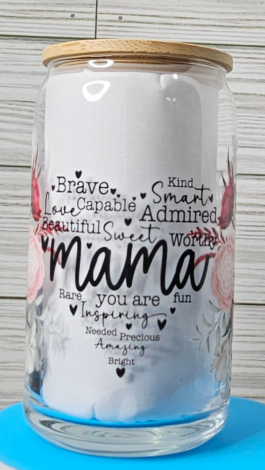 16oz Glass Can Mama- Brave/Kind/Smart UVDTF Decal