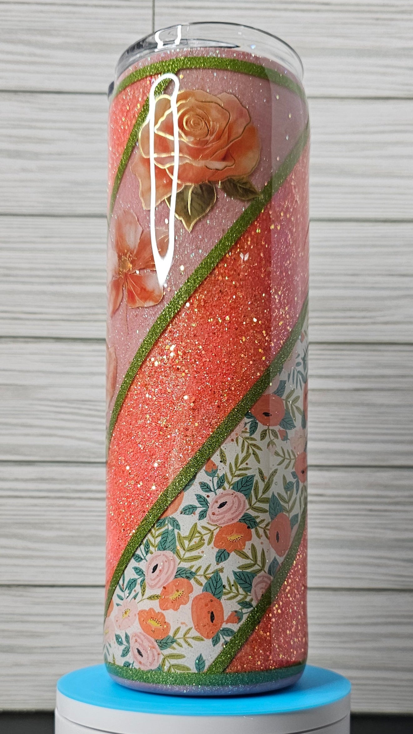 30oz Floral Vinyl Twist Coral Glitter Epoxy Tumbler