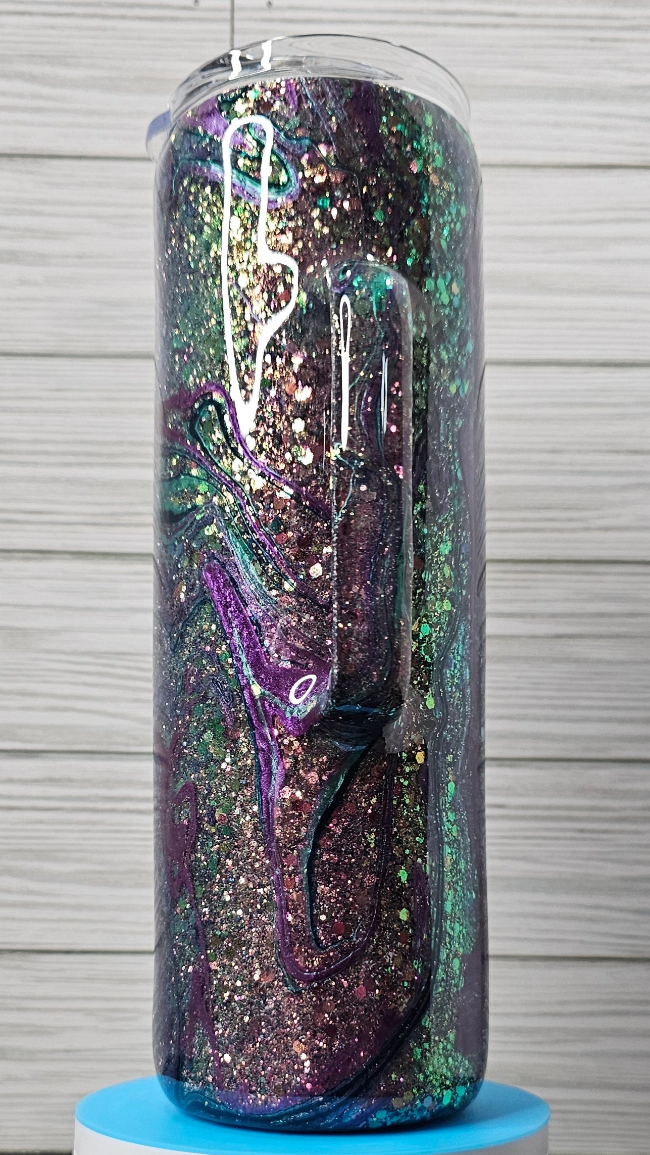30oz Skinny Hoggdle Purple/Teal/Blue Hydro-dip with Chunky Glitter Epoxy Tumbler