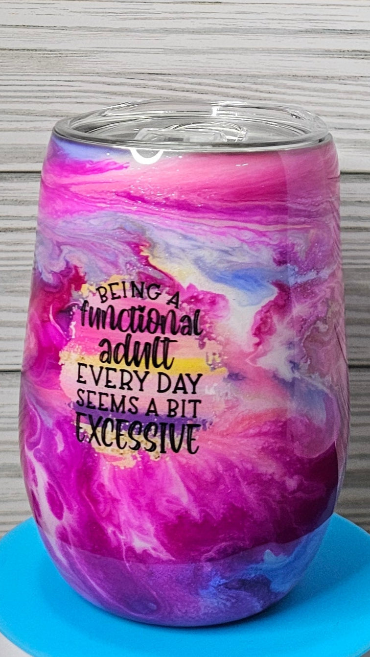 15oz Stemless Wine Pink & Purple Ink Swirl Functional Adult Epoxy Tumbler