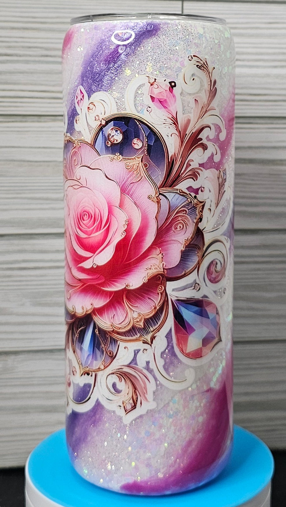 20oz Skinny Pink/Purple Milky Way with Flower Epoxy Tumbler
