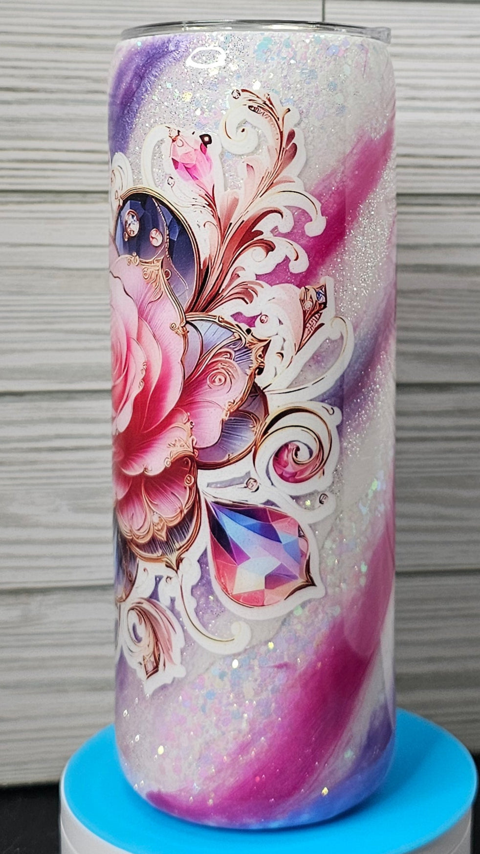 20oz Skinny Pink/Purple Milky Way with Flower Epoxy Tumbler