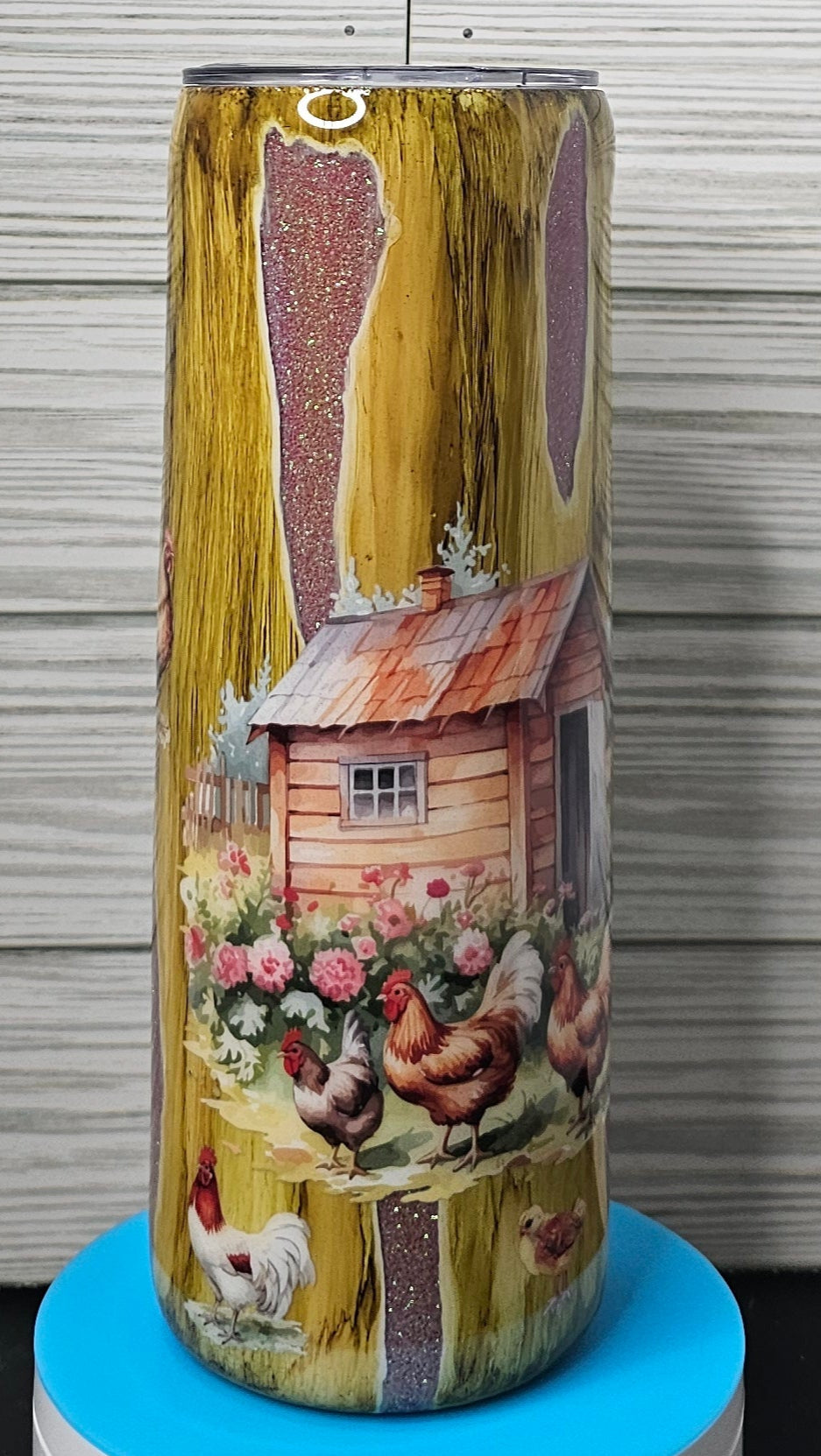 20oz Skinny Wood Grain Farmhouse Chickens on Pink Glitter Epoxy Tumbler