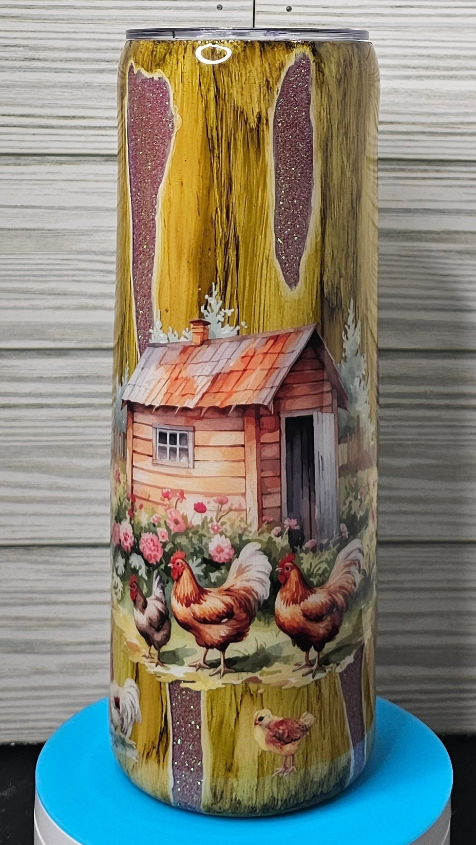 20oz Skinny Wood Grain Farmhouse Chickens on Pink Glitter Epoxy Tumbler