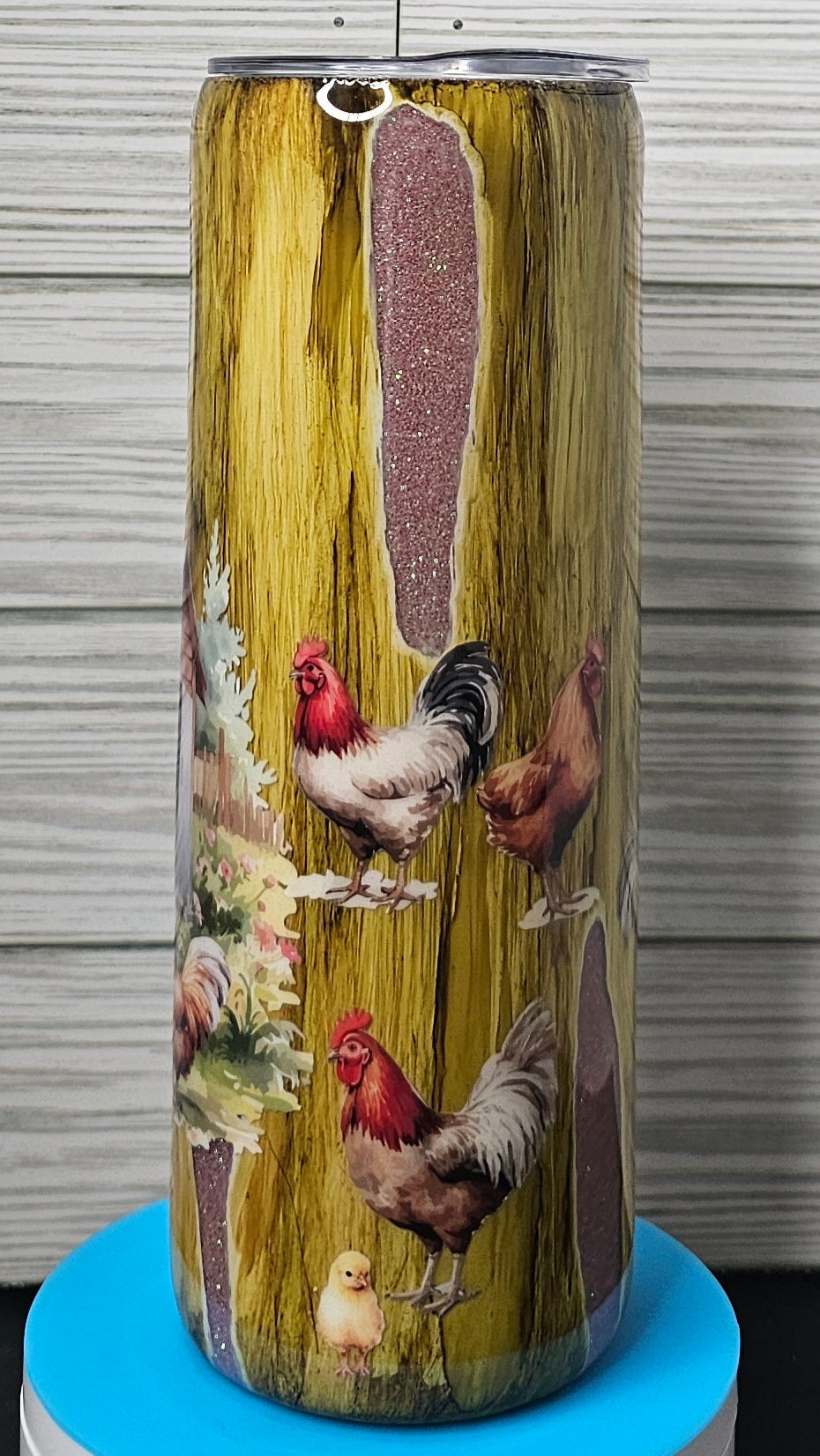 20oz Skinny Wood Grain Farmhouse Chickens on Pink Glitter Epoxy Tumbler