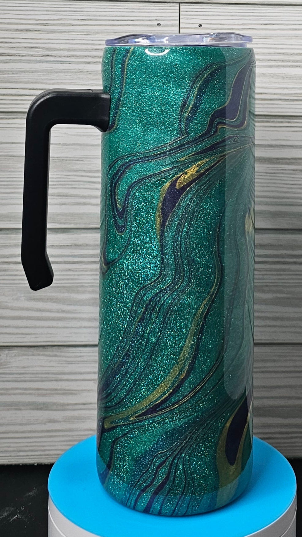 20oz Skinny with Handle Teal/Blue/Gold Ink Swirl and Hydro-dip Epoxy Tumbler