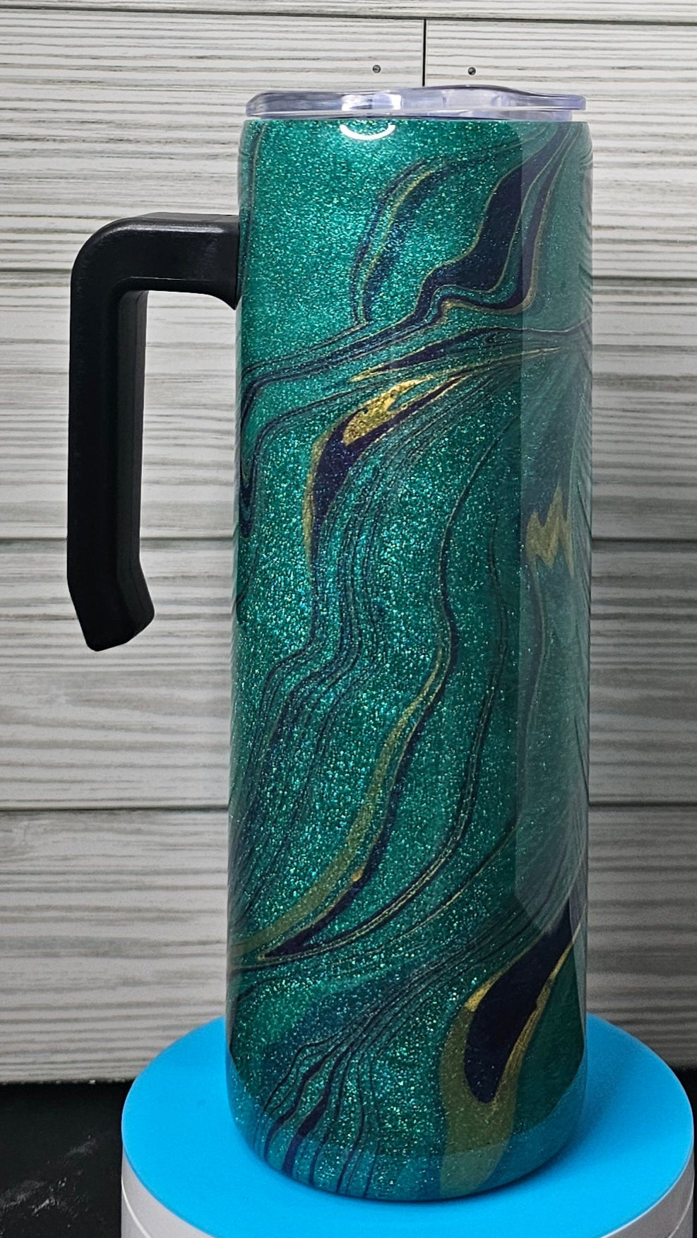 20oz Skinny with Handle Teal/Blue/Gold Ink Swirl and Hydro-dip Epoxy Tumbler