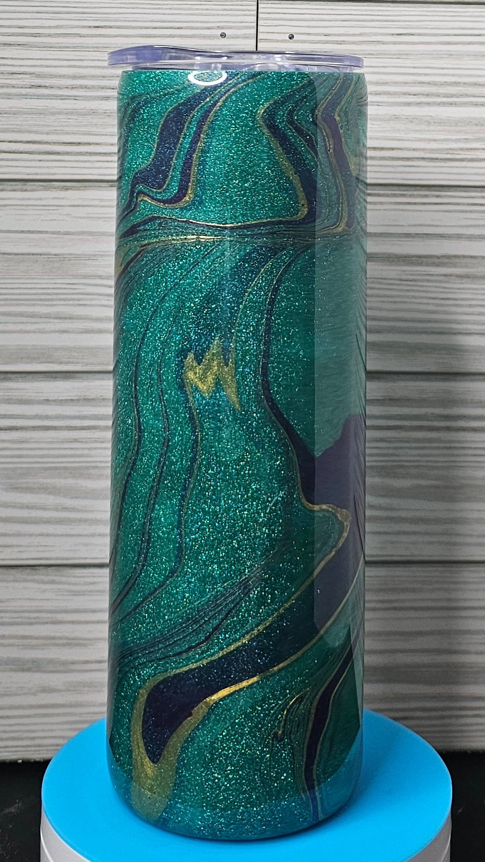20oz Skinny with Handle Teal/Blue/Gold Ink Swirl and Hydro-dip Epoxy Tumbler