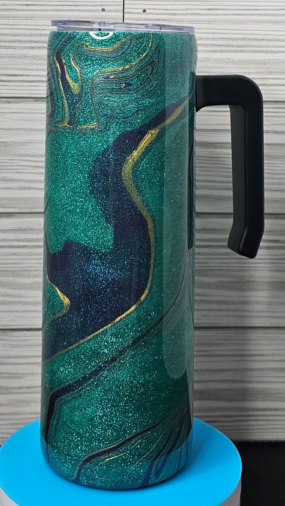 20oz Skinny with Handle Teal/Blue/Gold Ink Swirl and Hydro-dip Epoxy Tumbler