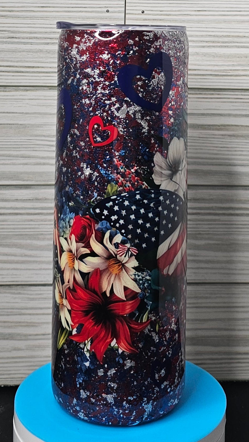 20oz Skinny Patriotic Foil Flake Butterfly Flowers Epoxy Tumbler