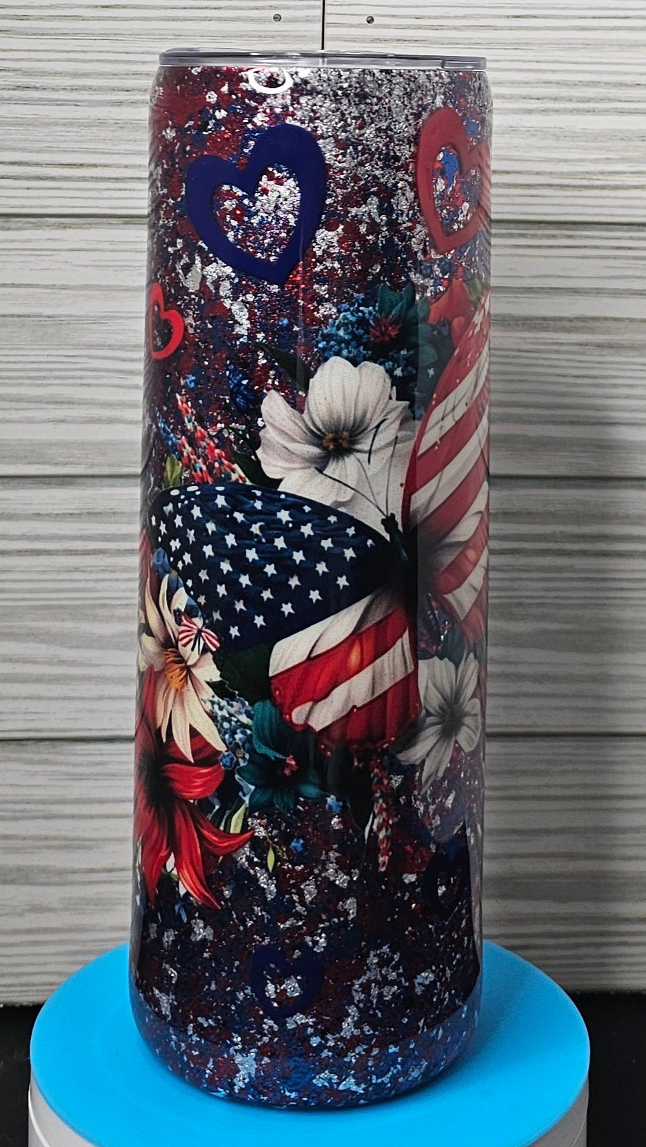 20oz Skinny Patriotic Foil Flake Butterfly Flowers Epoxy Tumbler