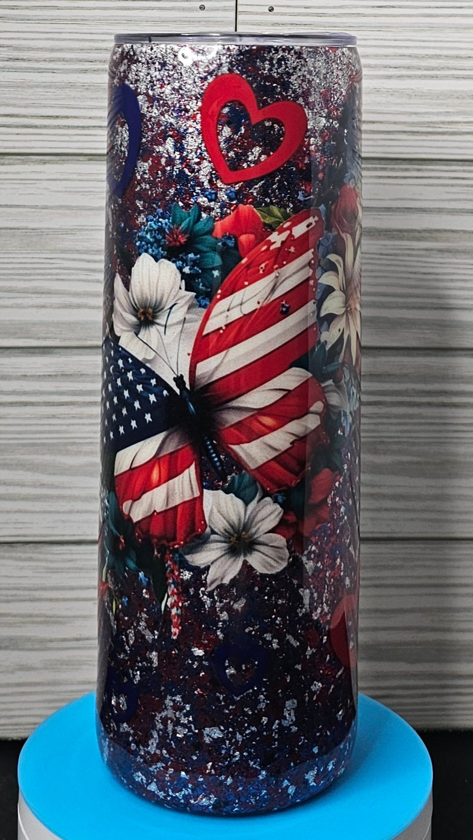 20oz Skinny Patriotic Foil Flake Butterfly Flowers Epoxy Tumbler