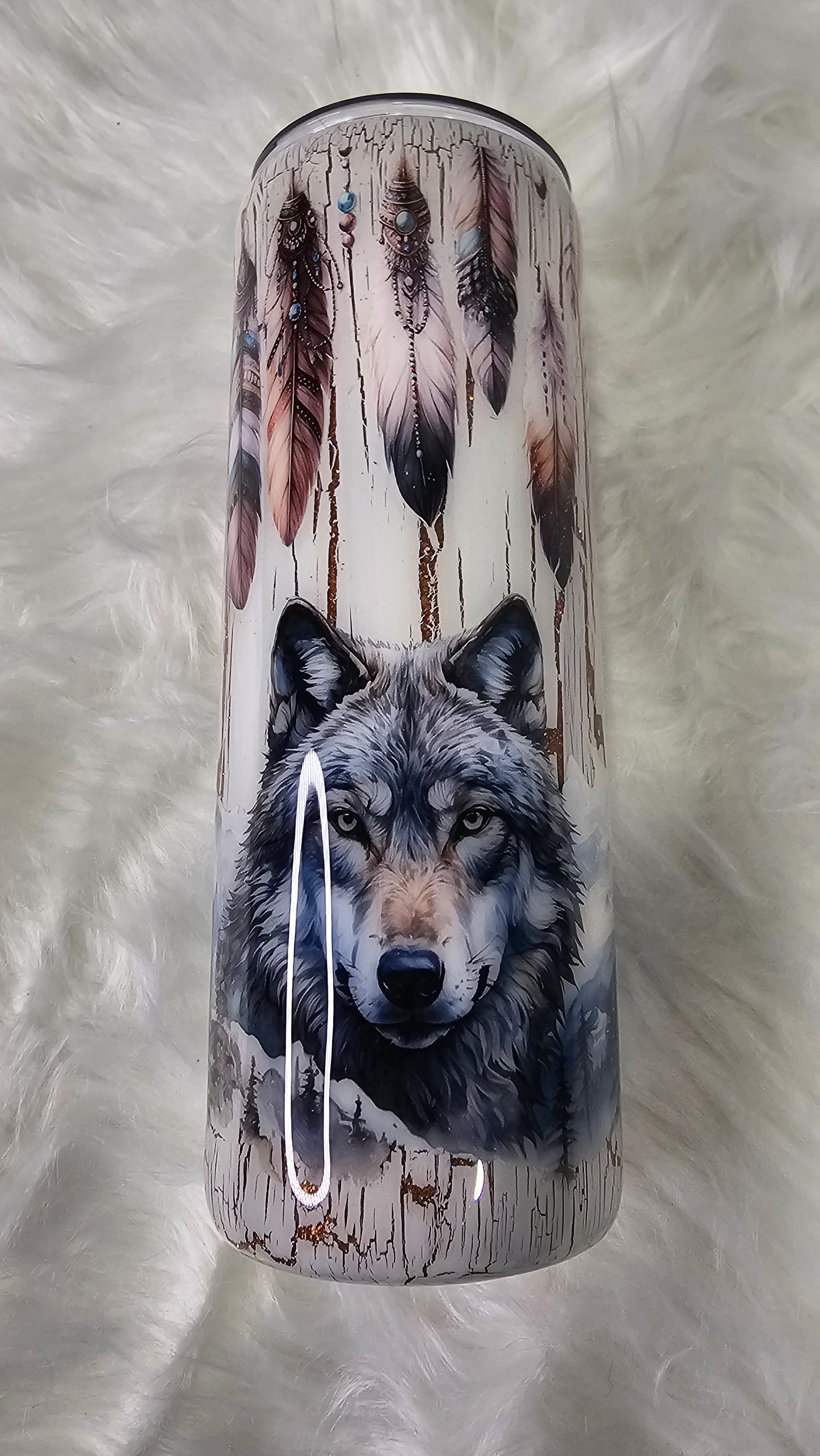 20oz Skinny Gold Glitter White Crackle Wolf with Feathers Epoxy Tumbler