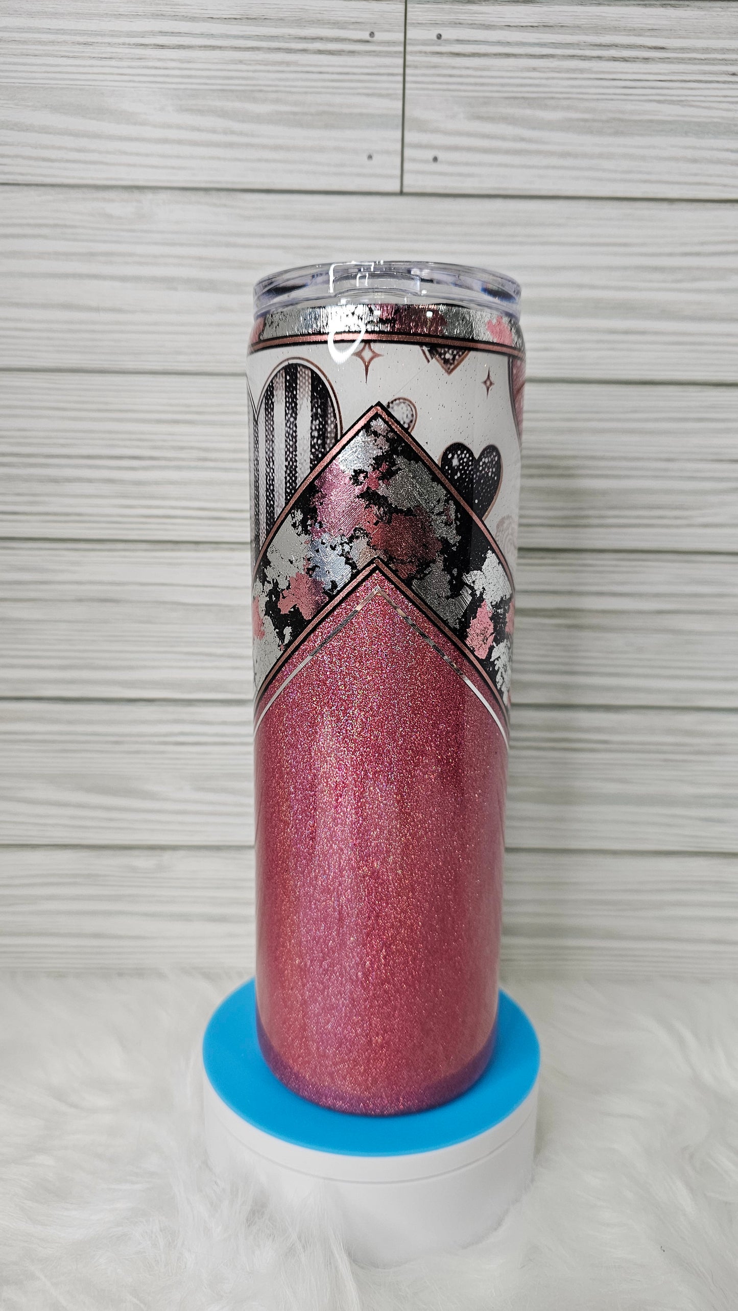 30oz Skinny V-Split Pink Glitter with Valentine's Hearts Vinyl Black/Pink/Silver Flakes Epoxy Tumbler