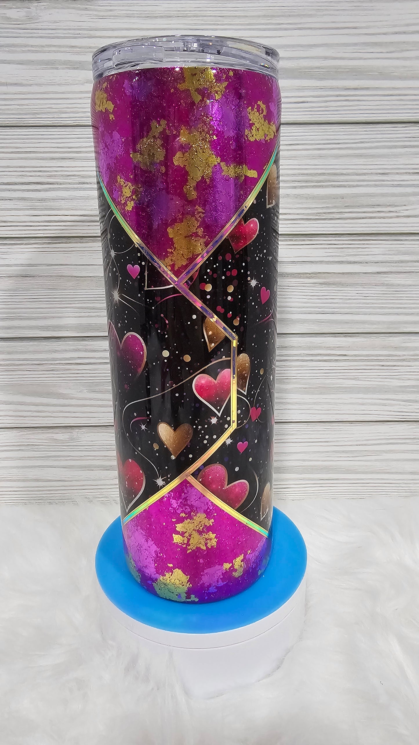 30oz Skinny Purple Gold Foil Flakes with Valentine's Heart Vinyl Epoxy Tumbler