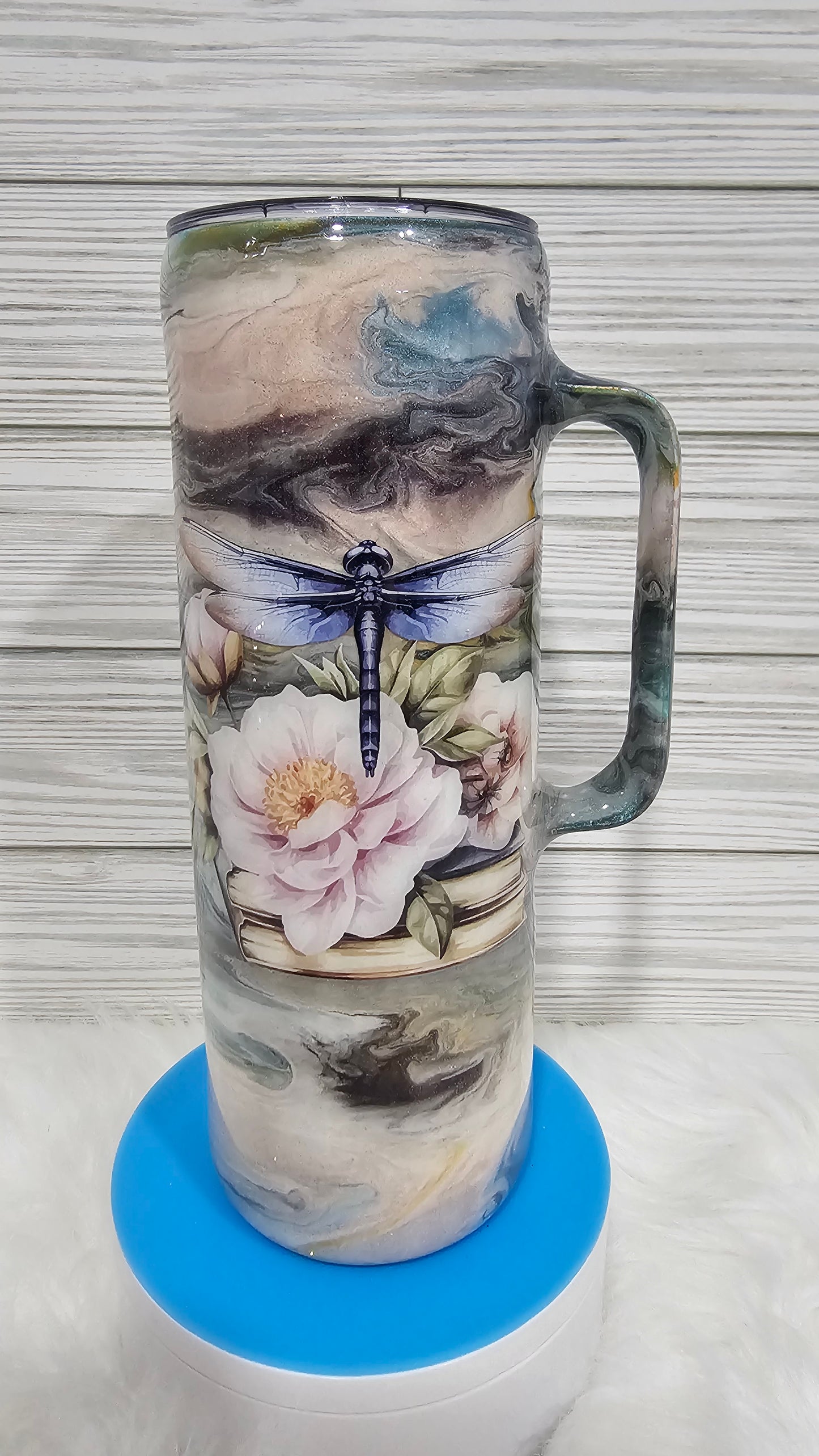 20oz Skinny with Handle Ink Swirl with Roses/Dragonfly/Books Epoxy Tumbler