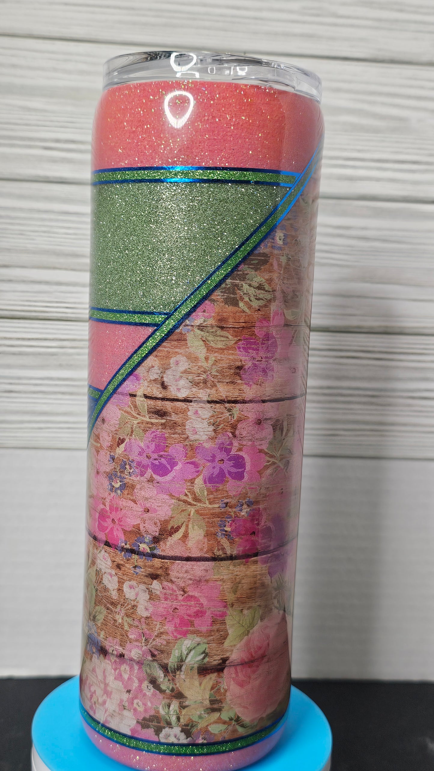 30oz Skinny Vinyl Floral Wood Grain with Pink/Green/Blue Glitter Stripes Epoxy Tumbler