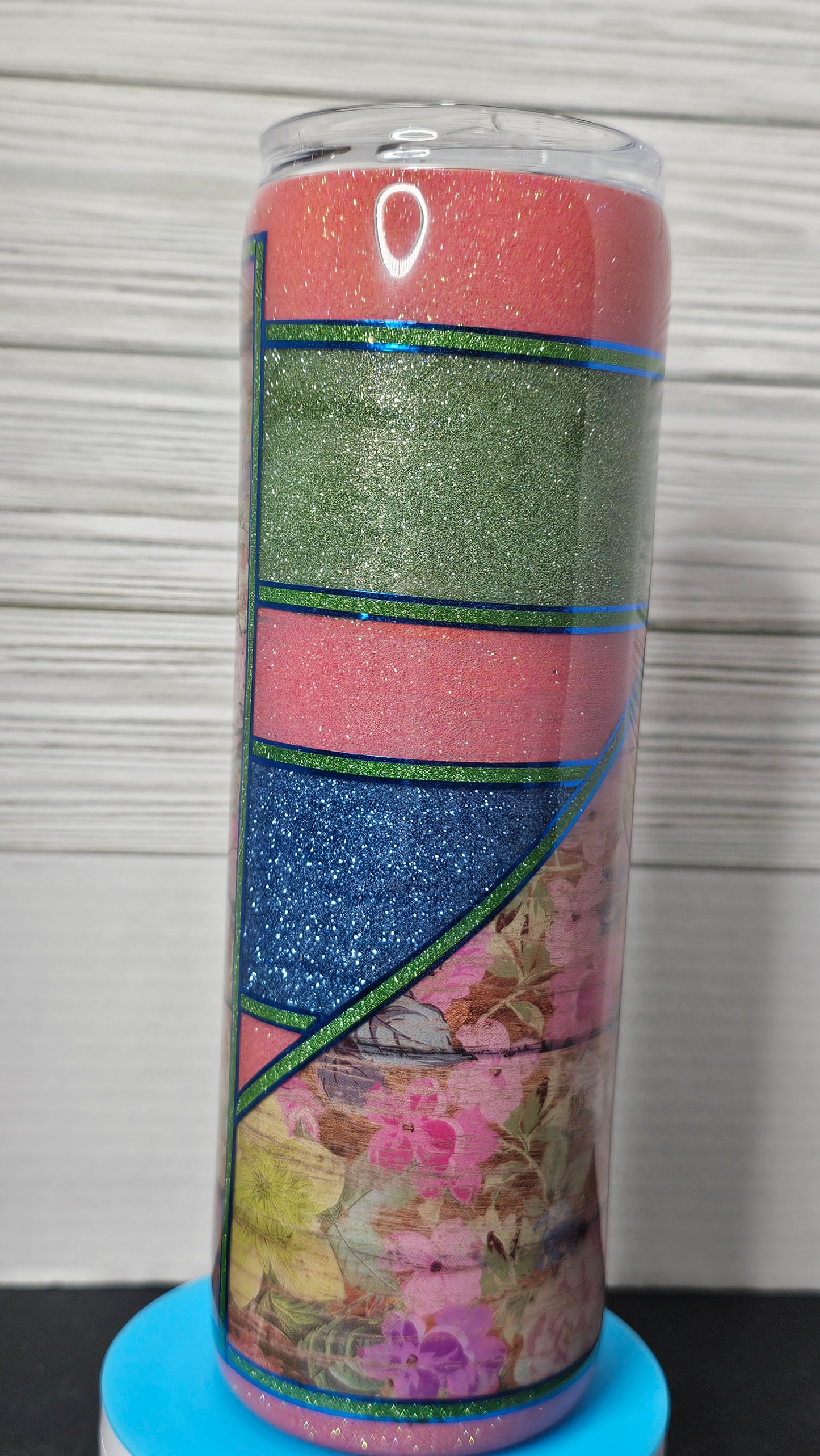 30oz Skinny Vinyl Floral Wood Grain with Pink/Green/Blue Glitter Stripes Epoxy Tumbler