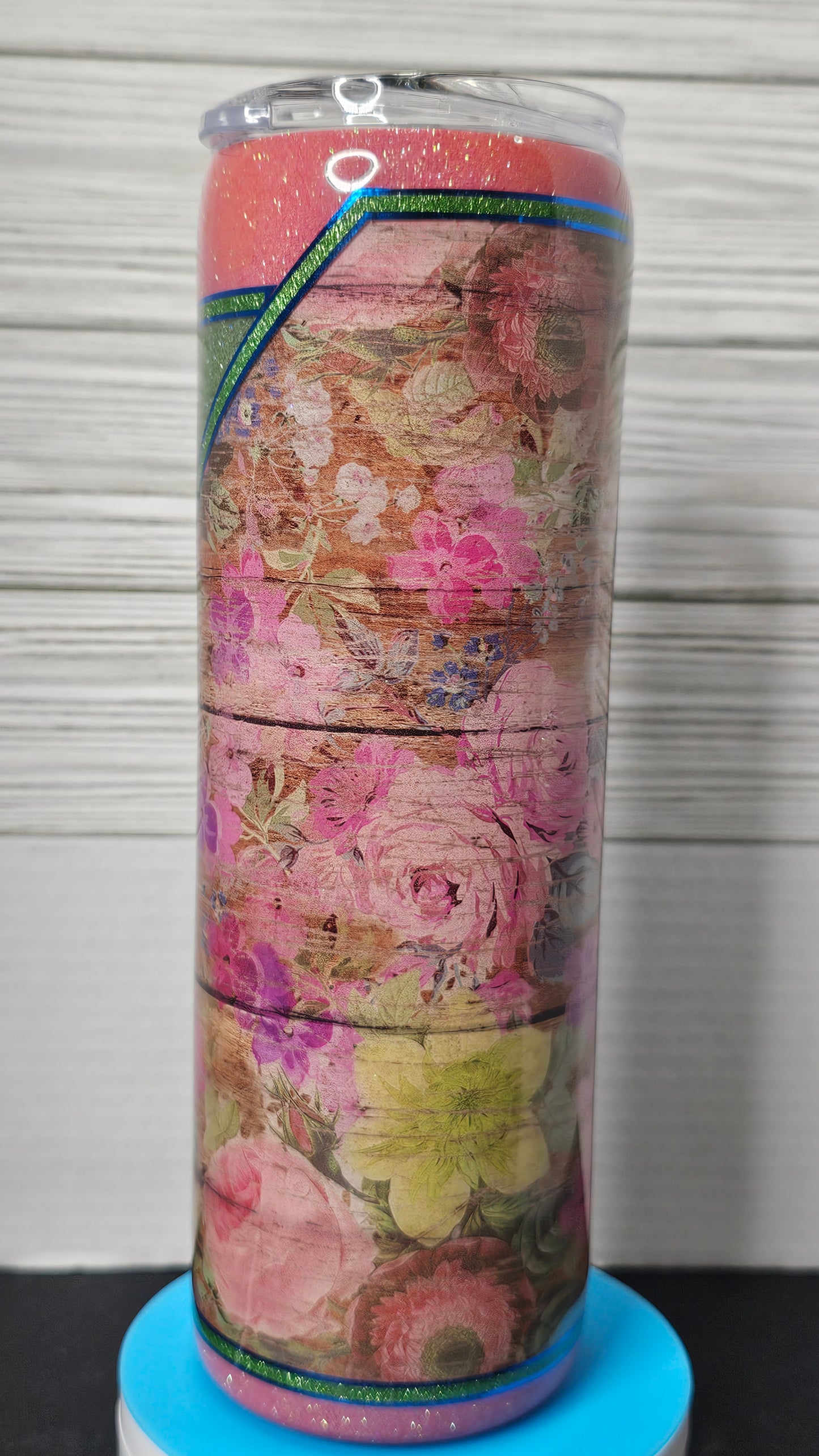 30oz Skinny Vinyl Floral Wood Grain with Pink/Green/Blue Glitter Stripes Epoxy Tumbler