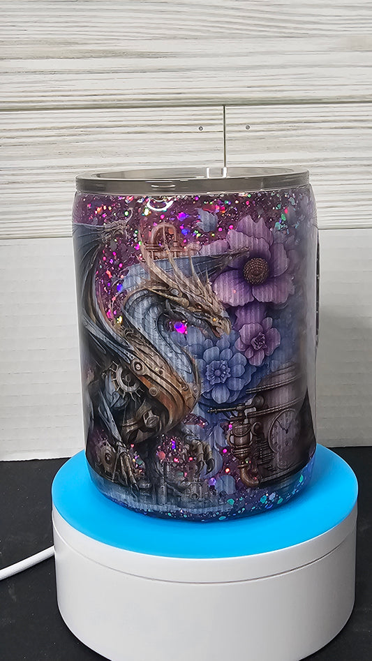 10oz Coffee Cup Steampunk Dragon with Chunky Purple Glitter Epoxy Tumbler