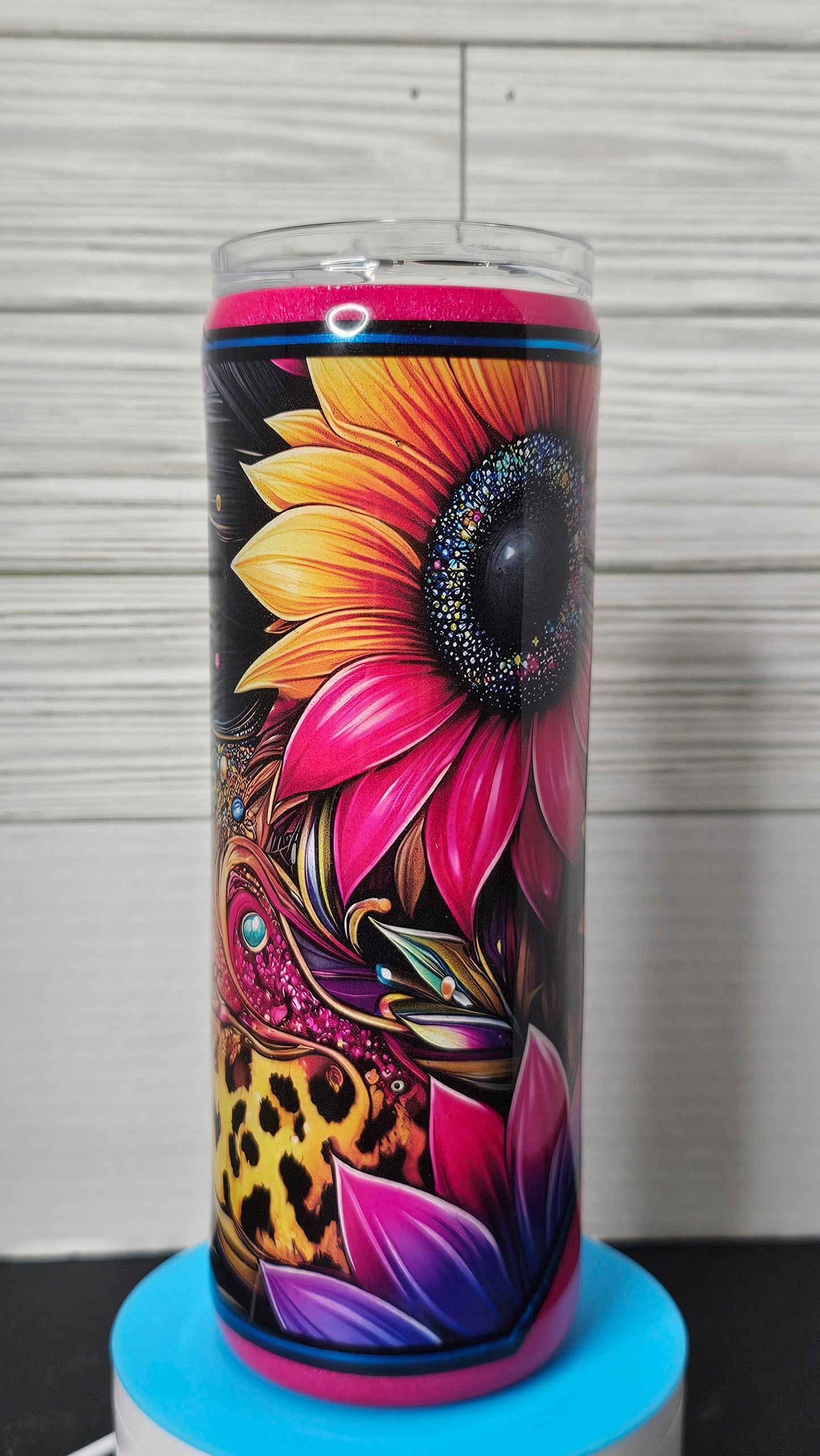 20oz Skinny Vibrant Pink Sunflower Glitter Epoxy Tumbler