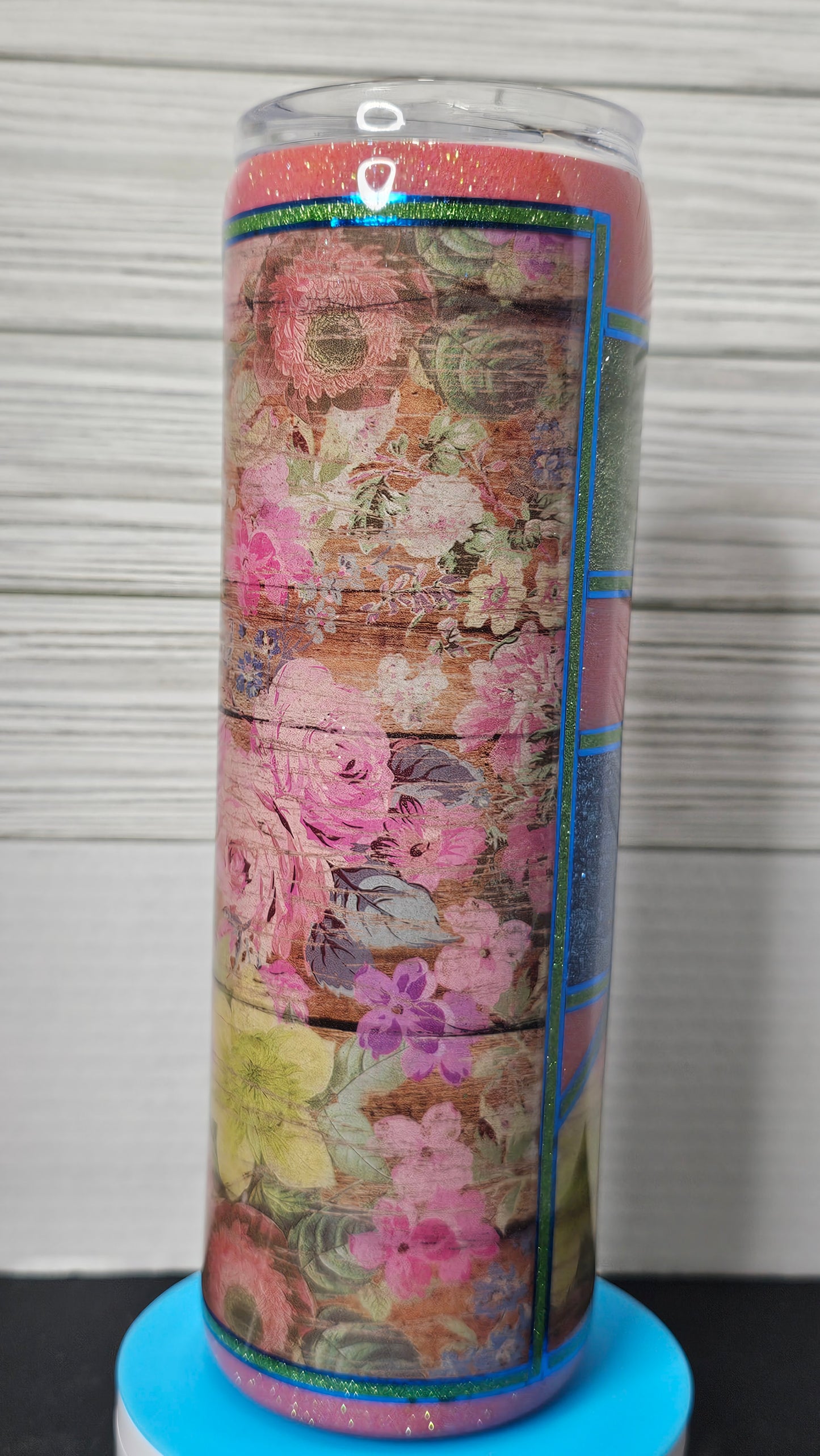 30oz Skinny Vinyl Floral Wood Grain with Pink/Green/Blue Glitter Stripes Epoxy Tumbler