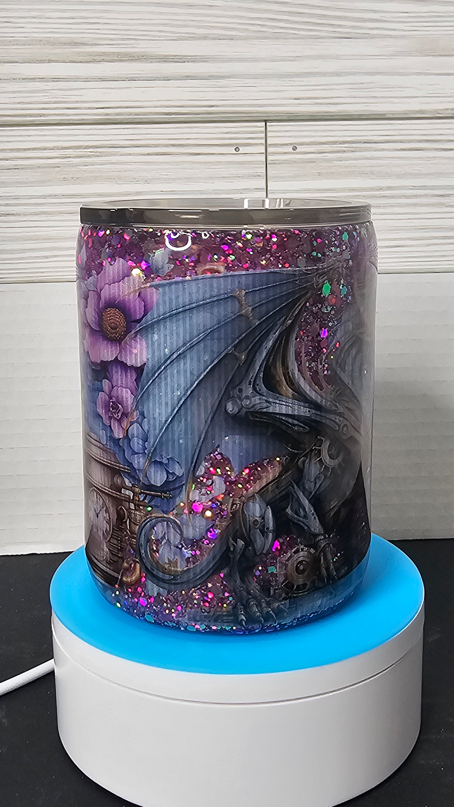 10oz Coffee Cup Steampunk Dragon with Chunky Purple Glitter Epoxy Tumbler