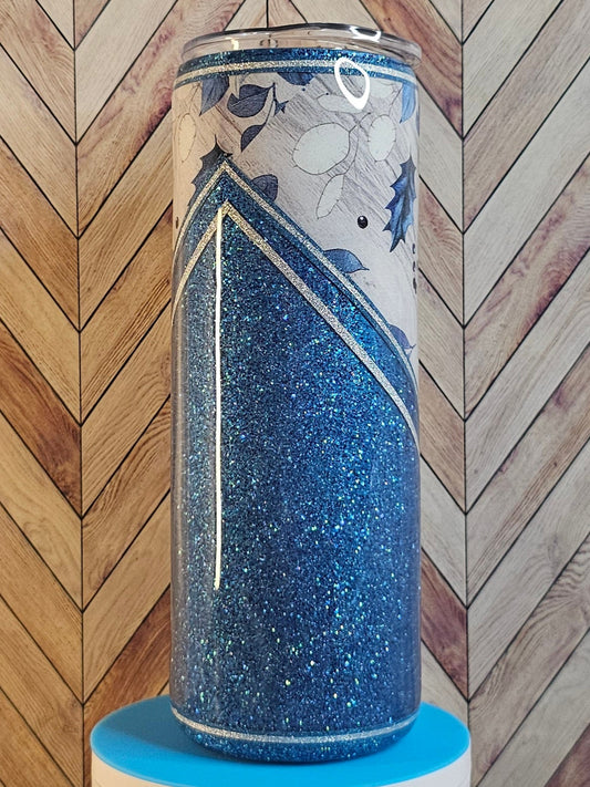 20oz Skinny Double V-split Holly Flower with Blue Glitter Epoxy Tumbler