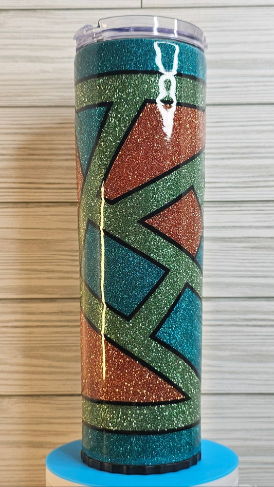 30oz Skinny Strawbler Geometric Pattern Blue/Green/Orange Glitter Epoxy Tumbler