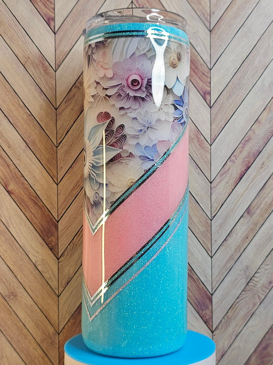20oz Skinny Floral V-split Blue & Pink Epoxy Tumbler