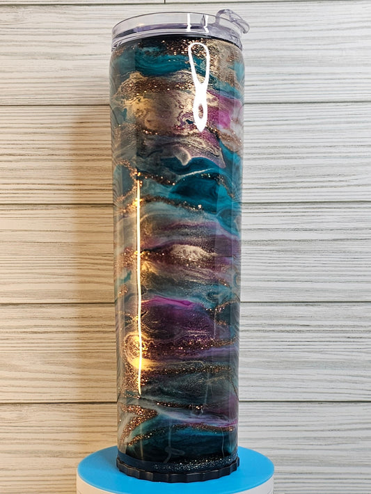 30oz Skinny Strawbler Purple/Blue/Gold with Glitter Vein Epoxy Tumbler