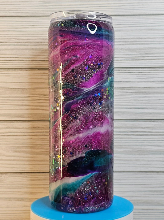 20oz Duo Skinny Pink/Purple/Blue Ink Swirl with Chunky Glitter Vein Epoxy Tumbler