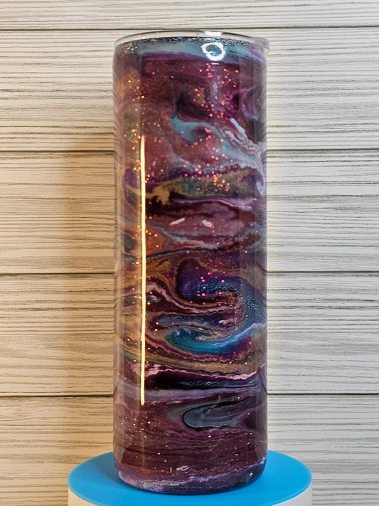 20oz Skinny Red/Purple/Gold Ink Swirl with Holographic Glitter Epoxy Tumbler