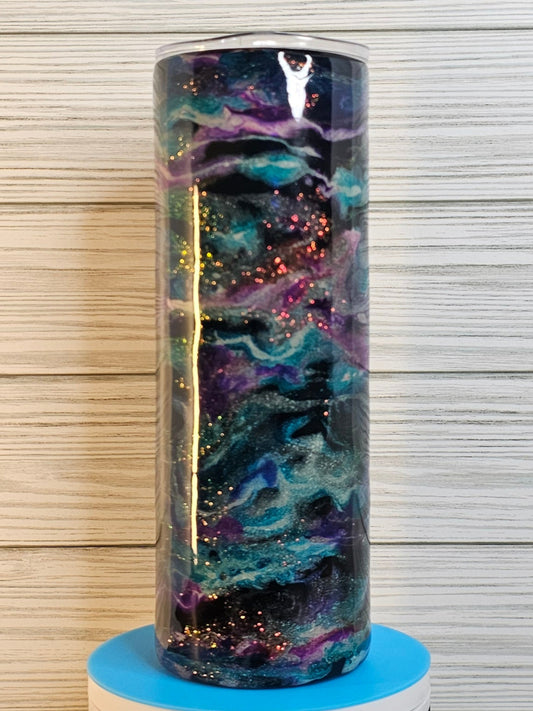 20oz Skinny Blue/Purple Ink Swirl with Glitter Vein Epoxy Tumbler