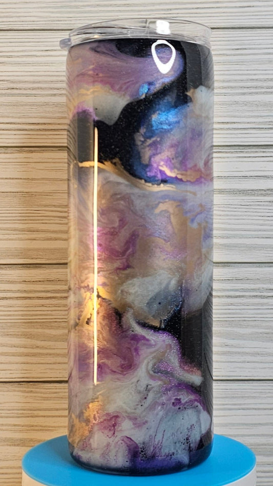 20oz Skinny Purple/Blue/Gold Ink Swirl Epoxy Tumbler
