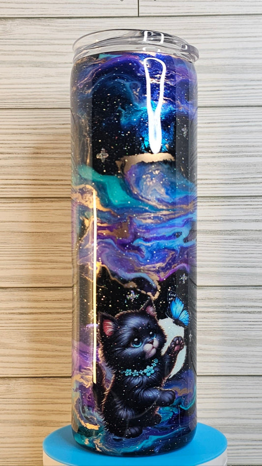 30oz Skinny Purple/Blue/Gold Galaxy Ink with Cat Epoxy Tumbler