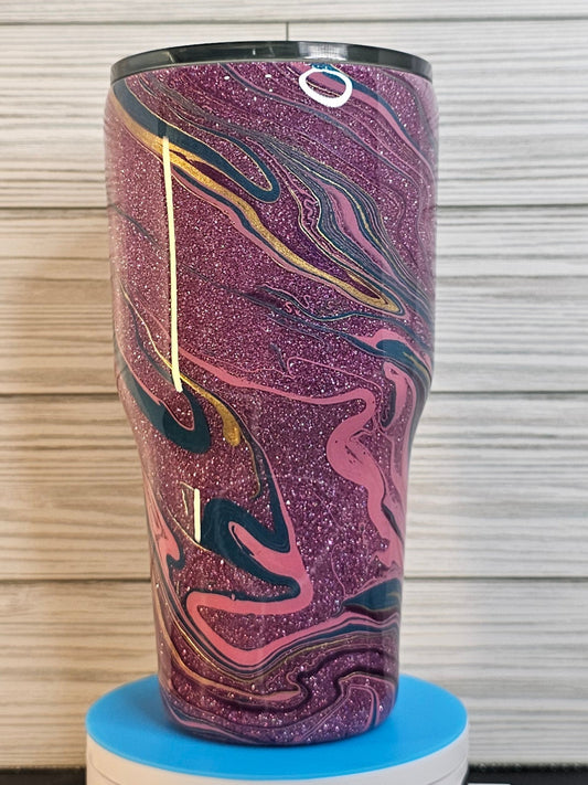 30oz Fatty Modern Curve Purple Glitter Paint Swirl Epoxy Tumbler