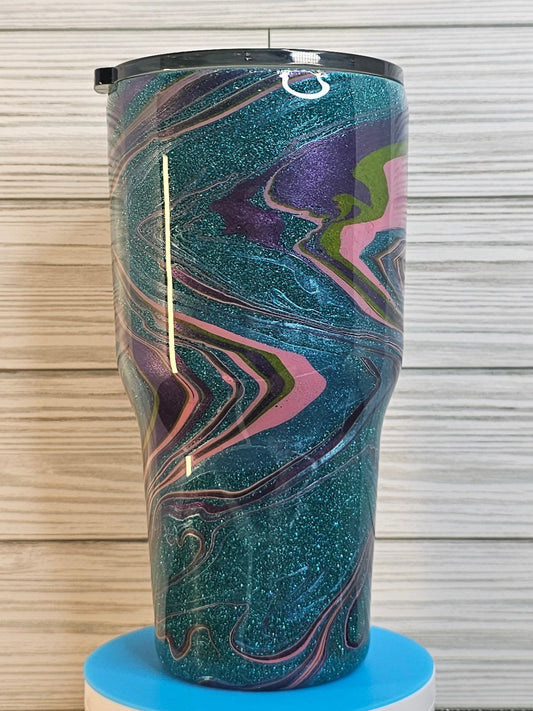 30oz Fatty Modern Curve Teal Glitter Paint Swirl Epoxy Tumbler