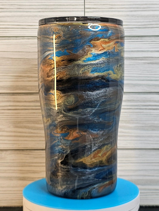 20oz Modern Curve Blue/Orange/Brown/Gold Ink Swirl Epoxy Tumbler