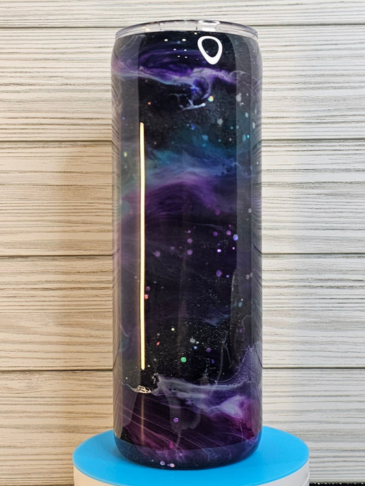 20oz Duo Skinny Dark Purple Ink Swirl with Chunky Silver Glitter Epoxy Tumbler