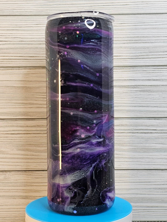 20oz Duo Skinny Dark Purple Ink Swirl with Chunky Silver Glitter Epoxy Tumbler