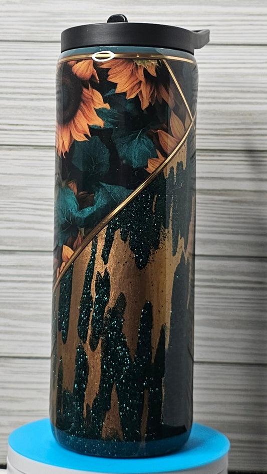 20oz Duo Skinny Sunflower V-split with Gold & Green Glitter Epoxy Tumbler