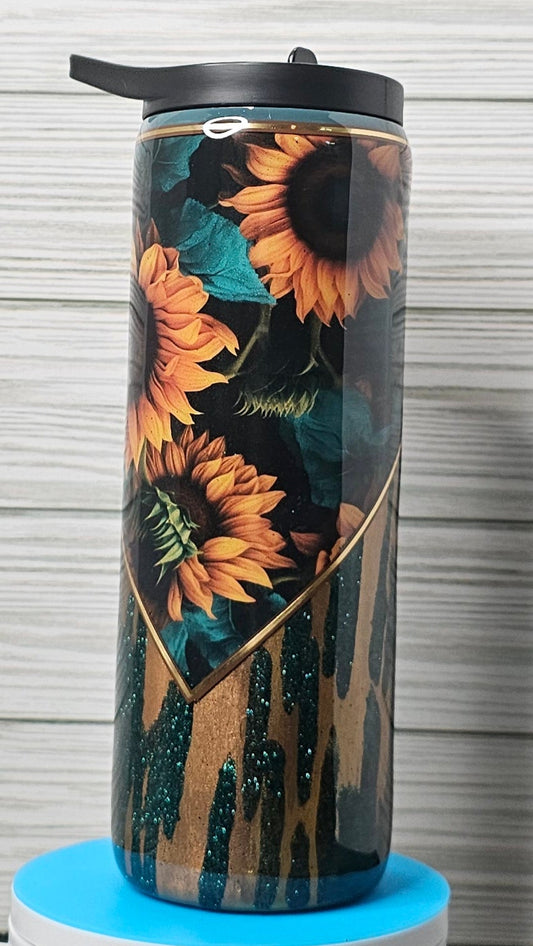 20oz Duo Skinny Sunflower V-split with Gold & Green Glitter Epoxy Tumbler