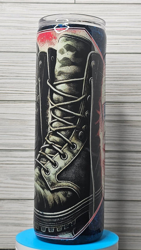 30oz Skinny Blue/Black Foil Flag & Boots Diamond Epoxy Tumbler